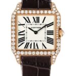 Cartier Santos-Dumont Watch – Small Pink Gold Diamond Case – Silver Dial – Alligator Strap – WH100351