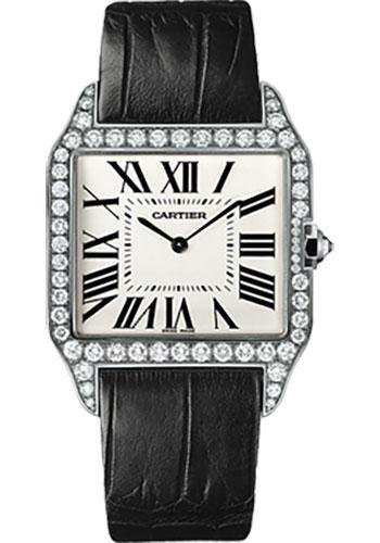 Cartier Santos Dumont Watch – Large White Gold Diamond Case – Silver Grained Dial – Alligator Strap – WH100651